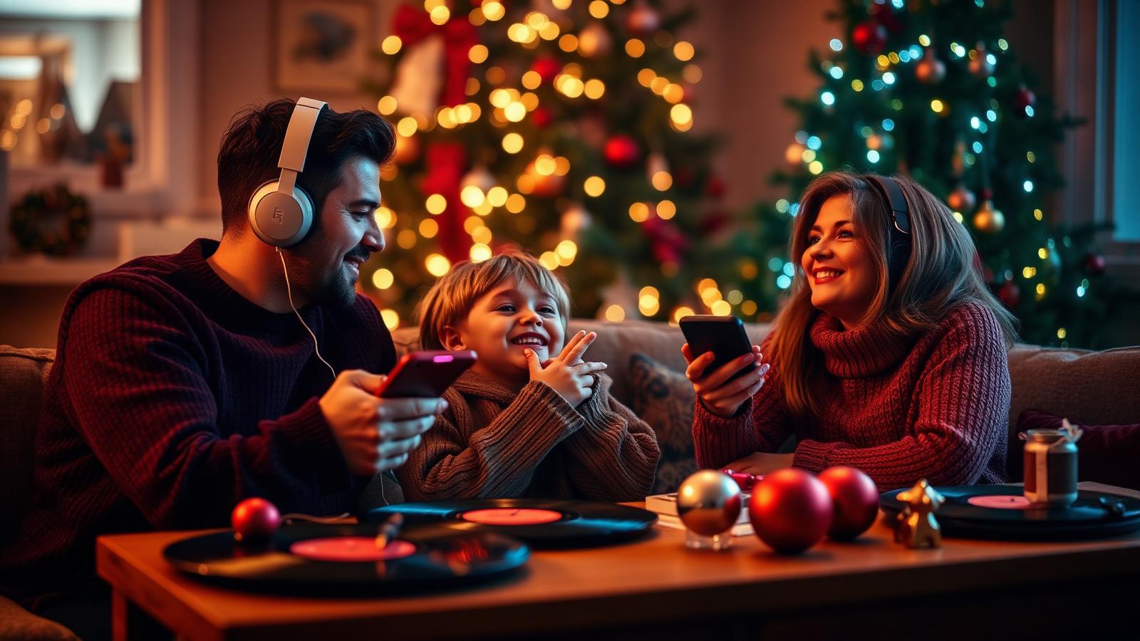 Family listening to a personalised Christmas song by the tree