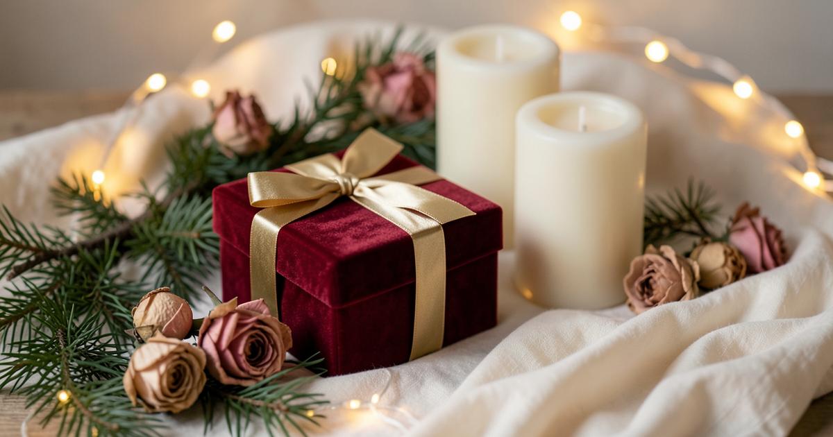 Velvet red gift box with gold ribbon, candles and fairy lights