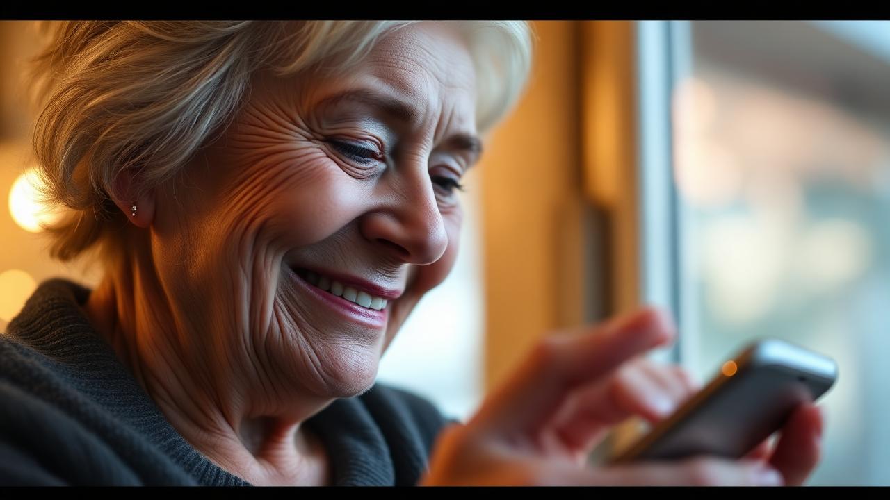 Older woman smiling and emotional while listening to a song on her phone
