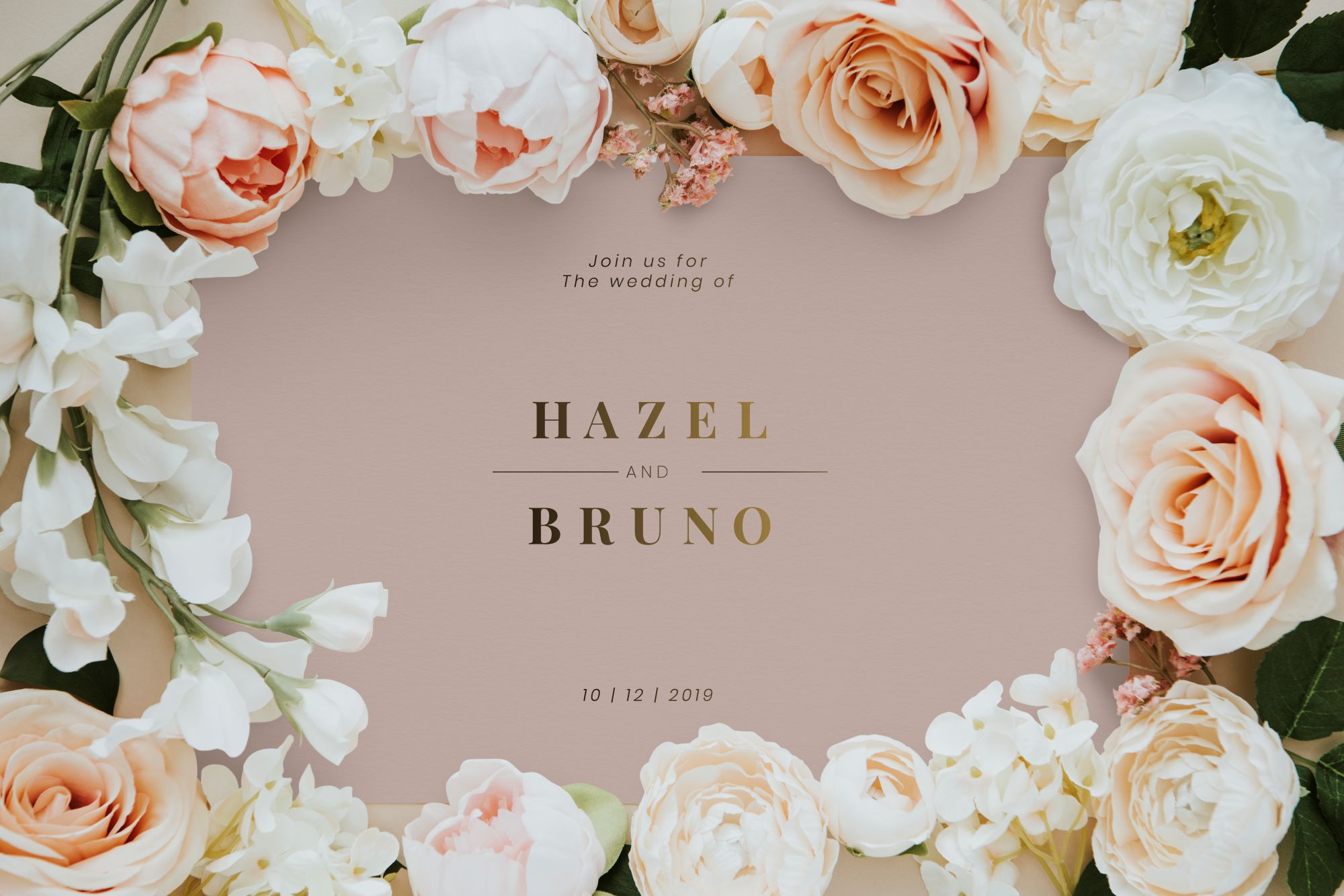 Elegant floral wedding invitation framed by pink and cream roses
