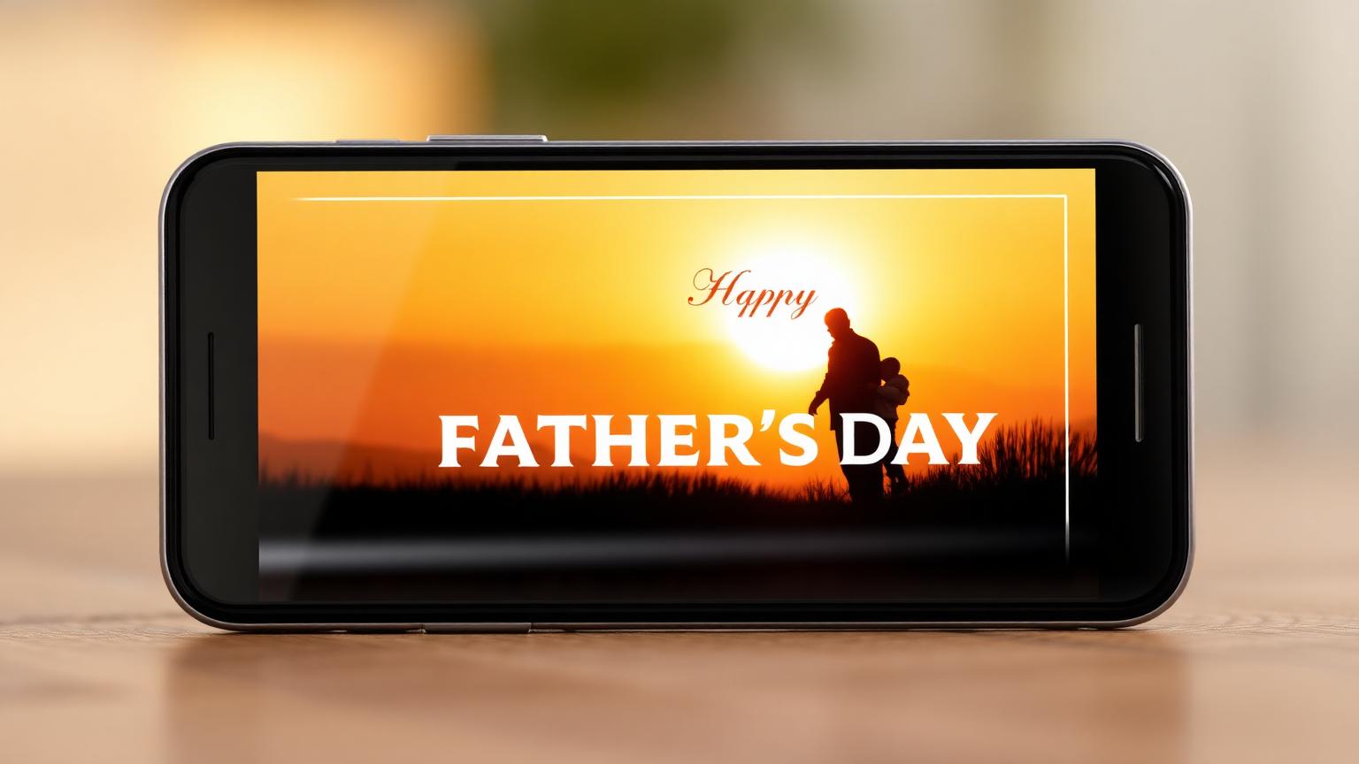 Smartphone showing a Father's Day digital card with a father and child silhouette at golden hour