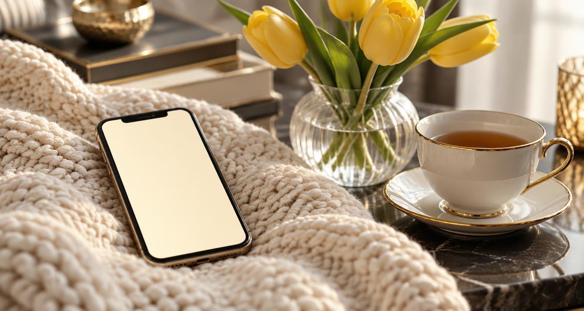 Smartphone resting on a cream knitted blanket beside yellow tulips and a teacup