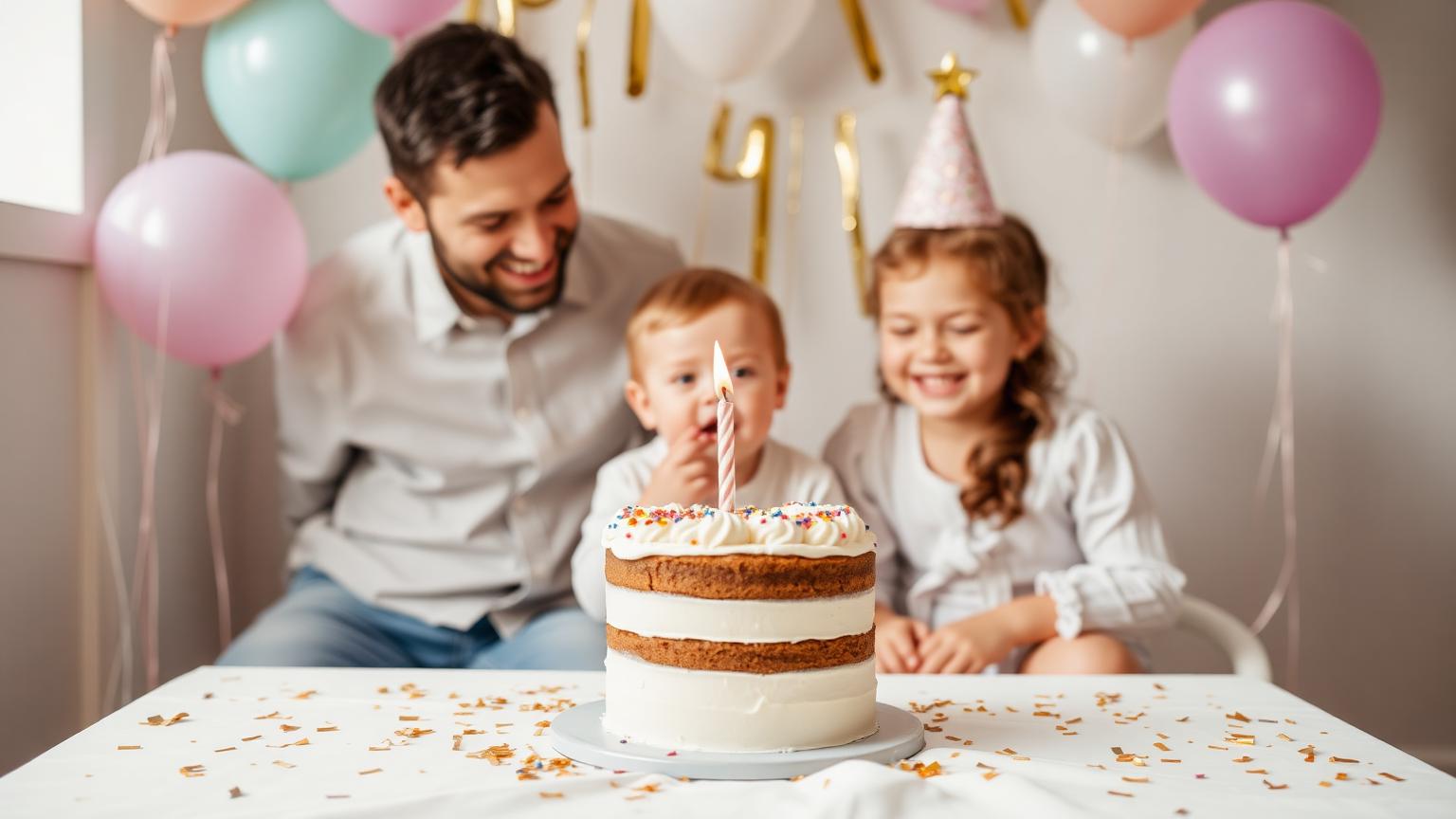 First birthday family celebration with one candle on cake, pastel balloons and confetti