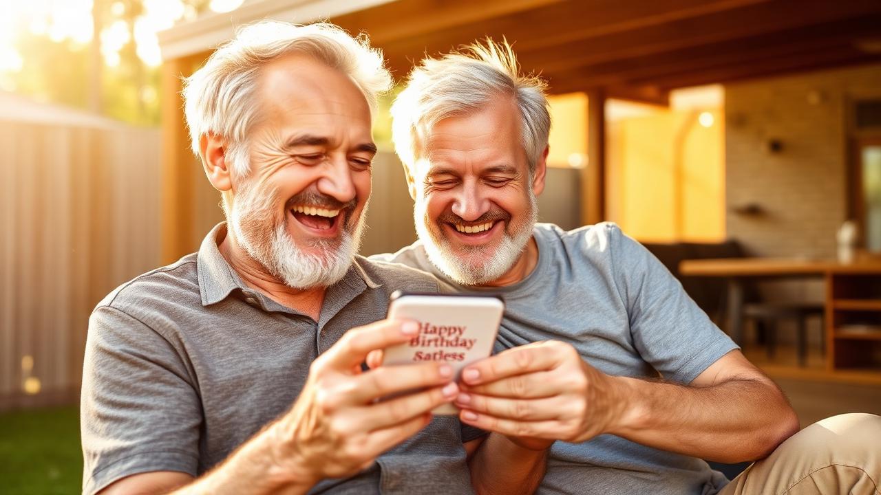 Father and adult son laughing at a phone showing a birthday card in an Aussie backyard