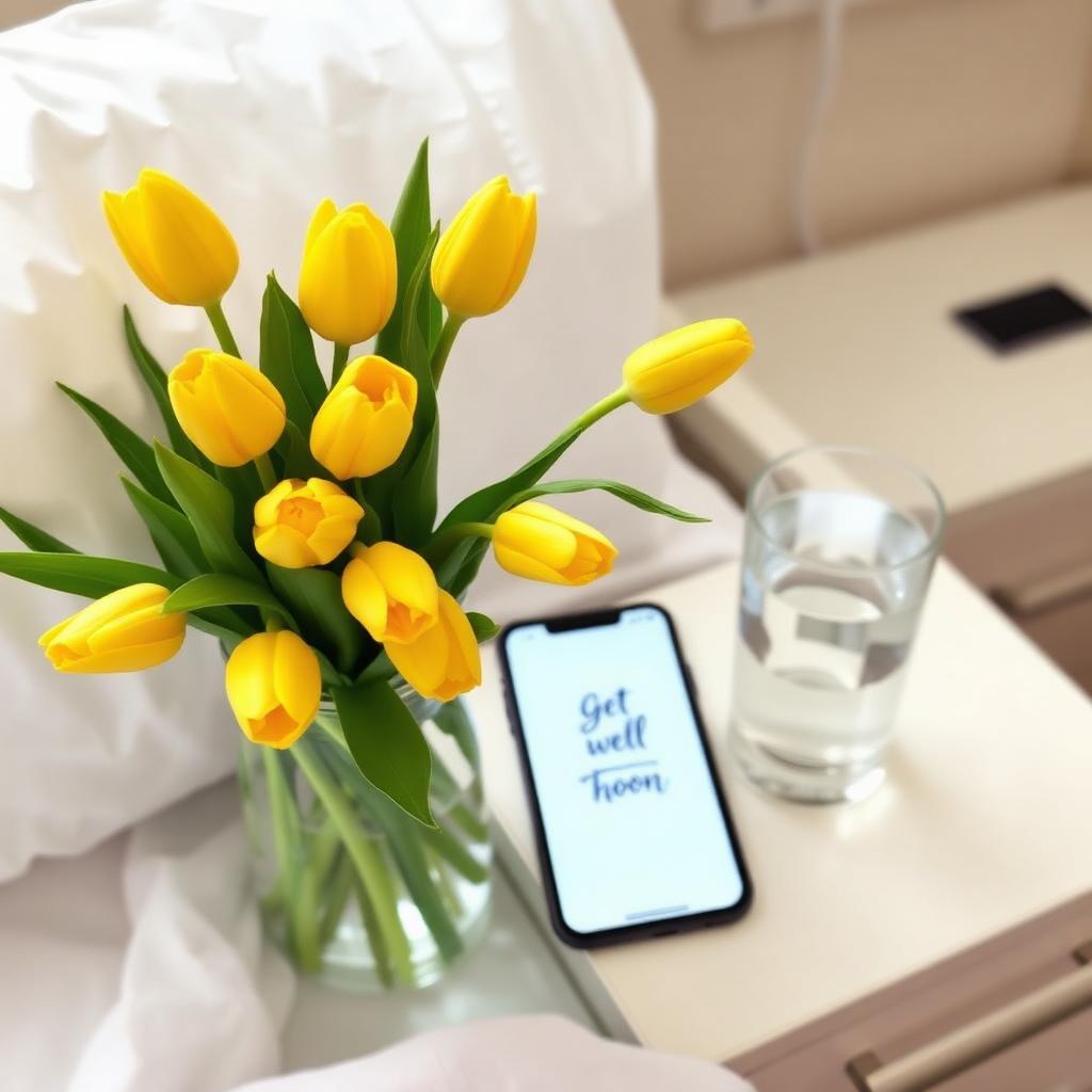 Yellow tulips and smartphone with get well card beside a hospital bed