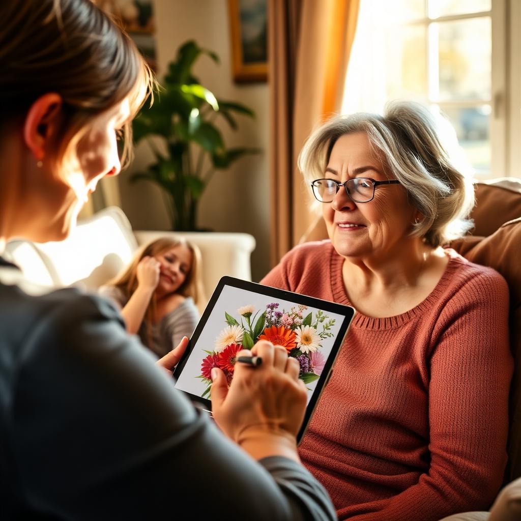 Adult daughter video-calling her mother with a digital card