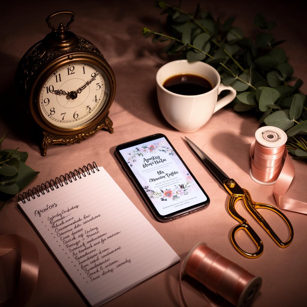 Moody flat-lay of last-minute event prep with vintage clock, phone showing digital invitation, scissors and ribbon