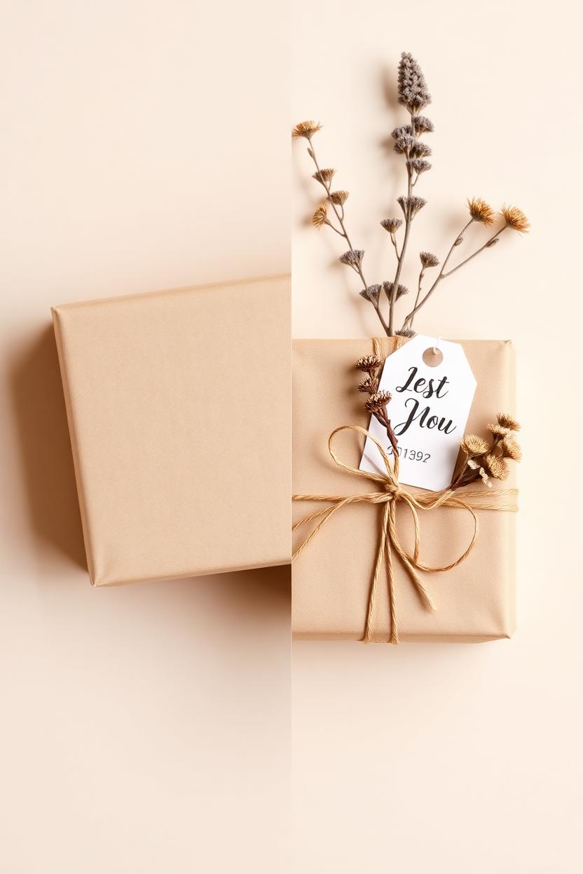 Split flat lay comparing a plain generic gift box to a personalised gift with monogrammed tag
