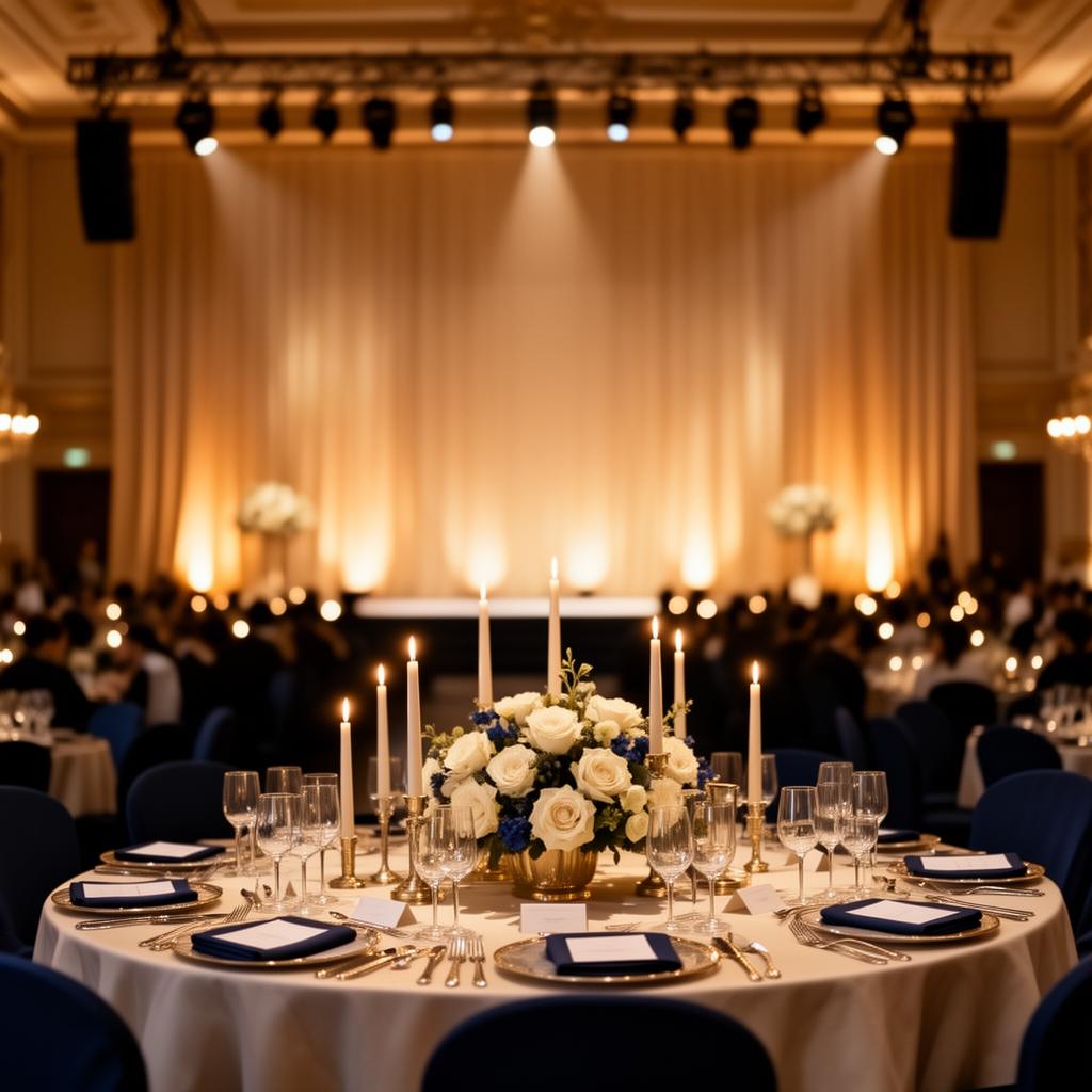 Elegant corporate event setup with stage uplighting, round dinner tables and floral centrepieces