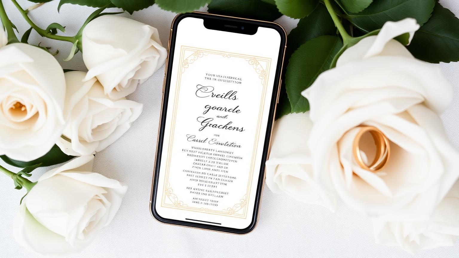 Digital wedding invitation on phone surrounded by white roses and gold rings