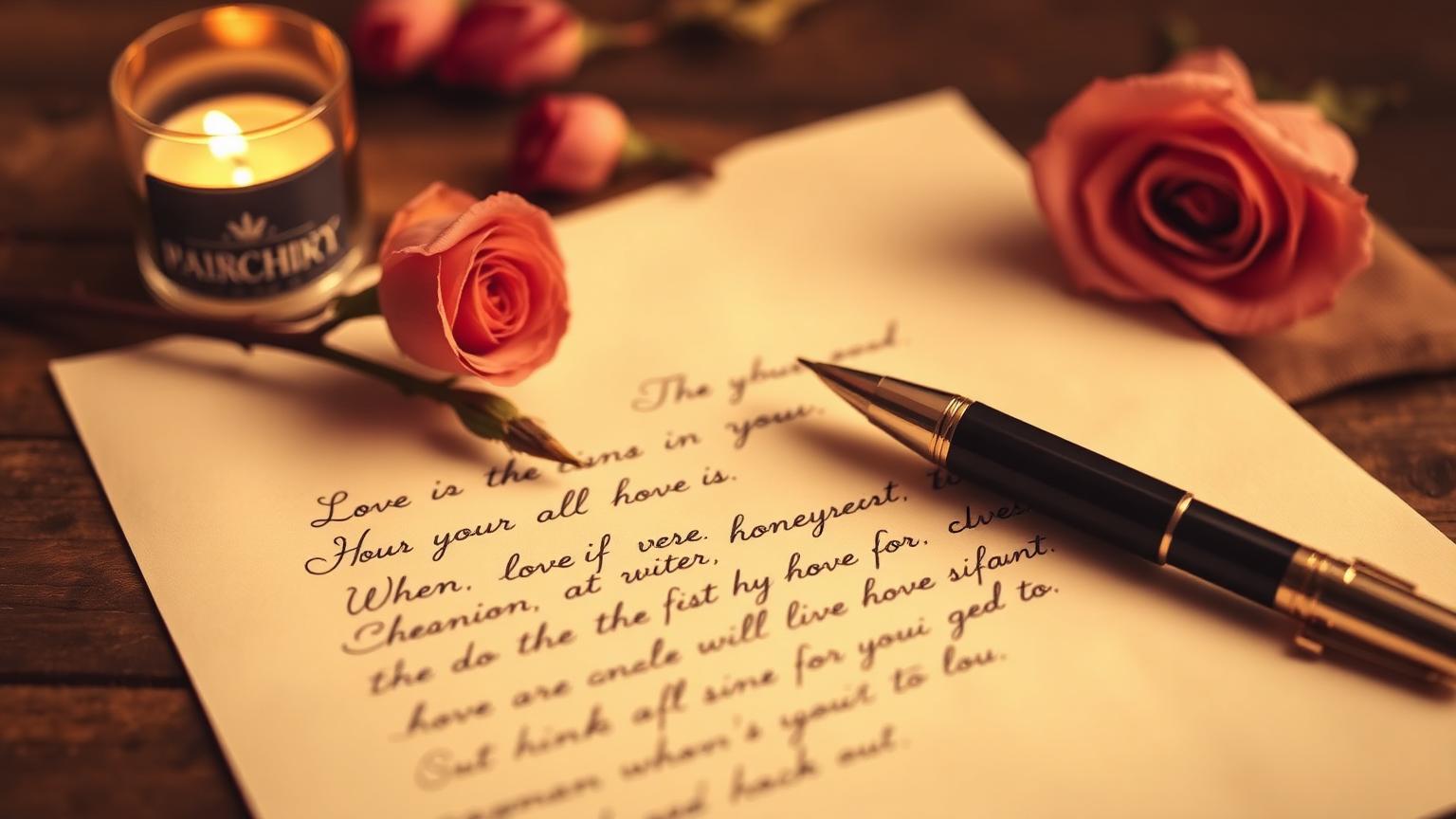 Handwritten love letter with vintage pen, roses and candlelight