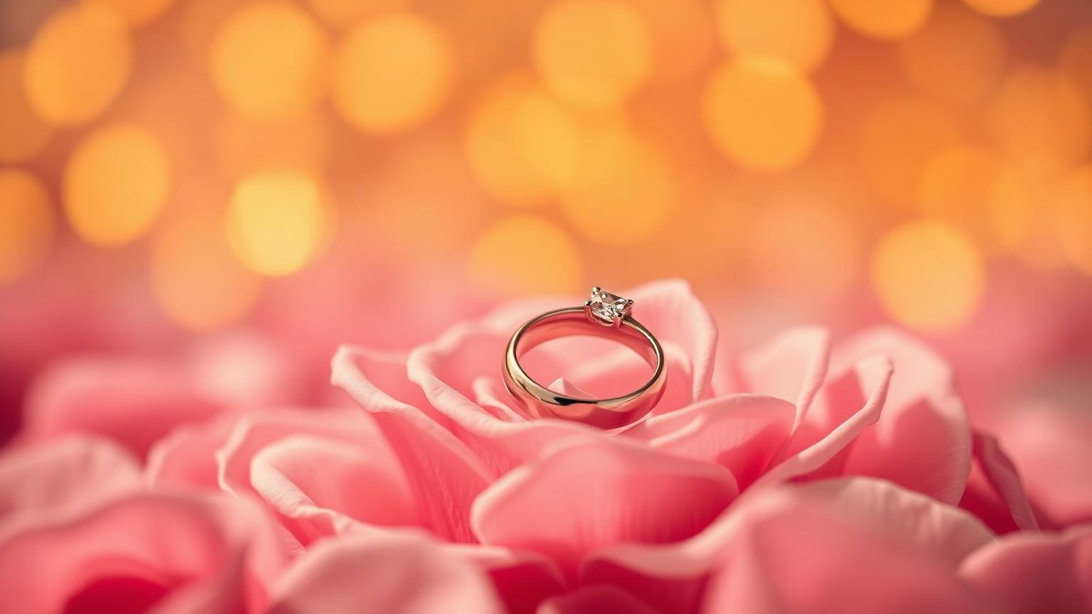 Wedding ring resting on pink rose petals with golden bokeh — anniversary gift ideas