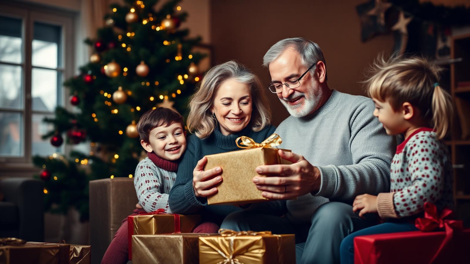 Grandparents opening a Christmas gift with grandchildren beside the tree