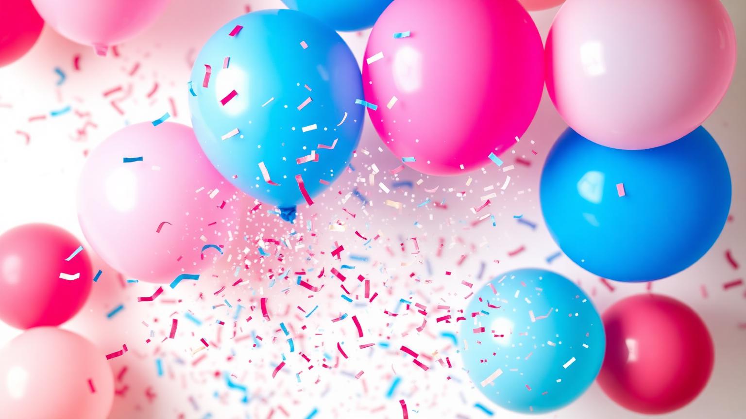 Pink and blue balloons with confetti — gender reveal announcement
