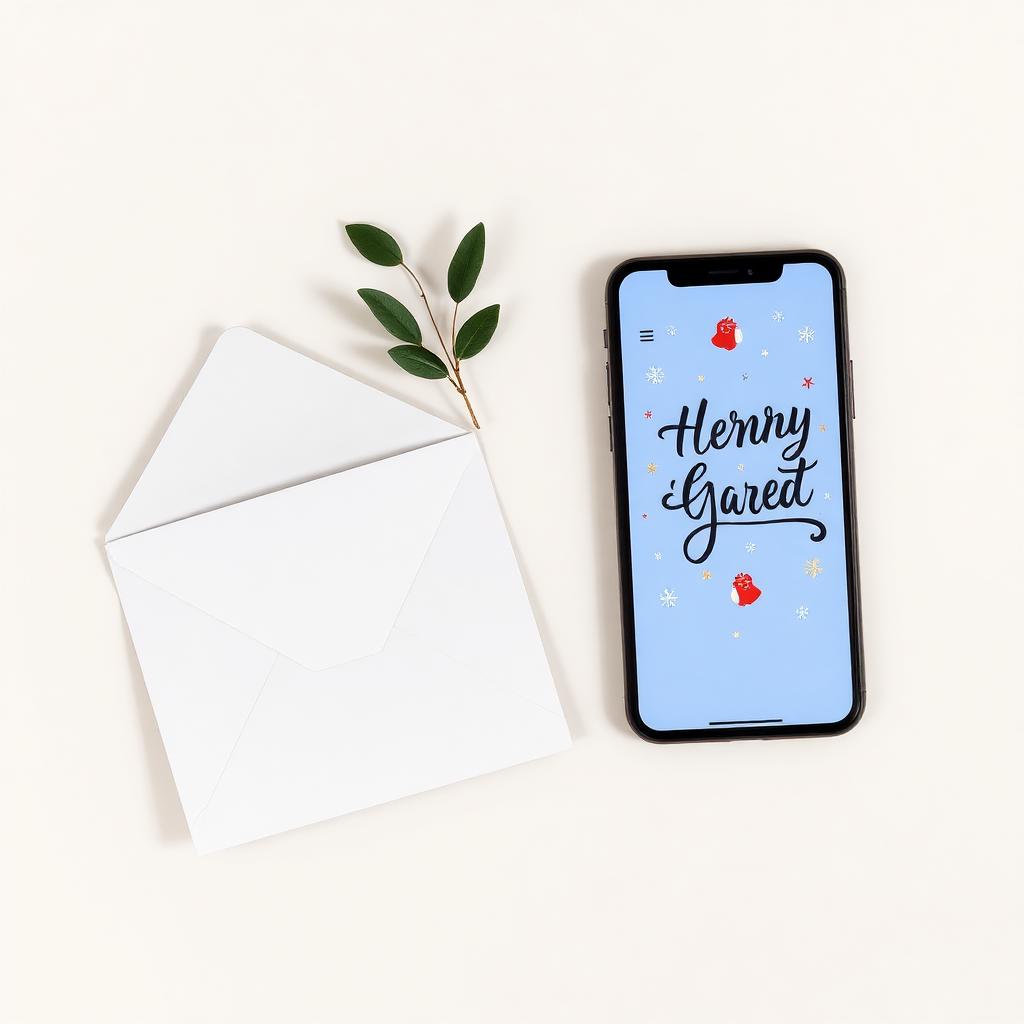 Paper greeting card next to a smartphone showing a digital card