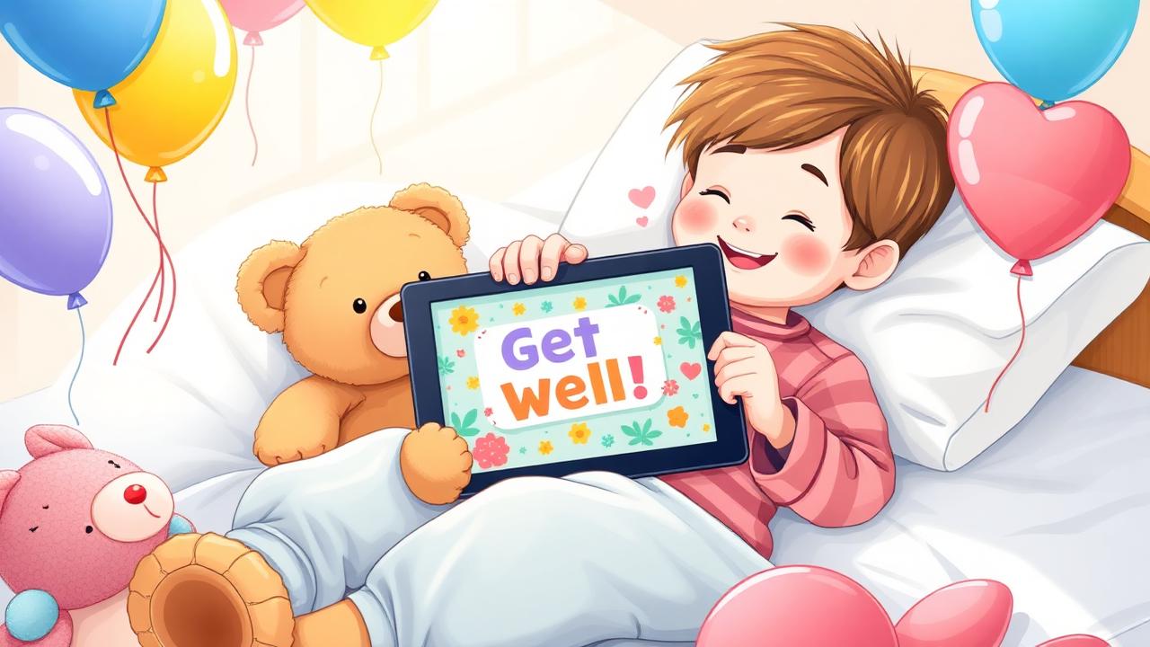 Child in pyjamas holding a tablet showing a colourful get well card