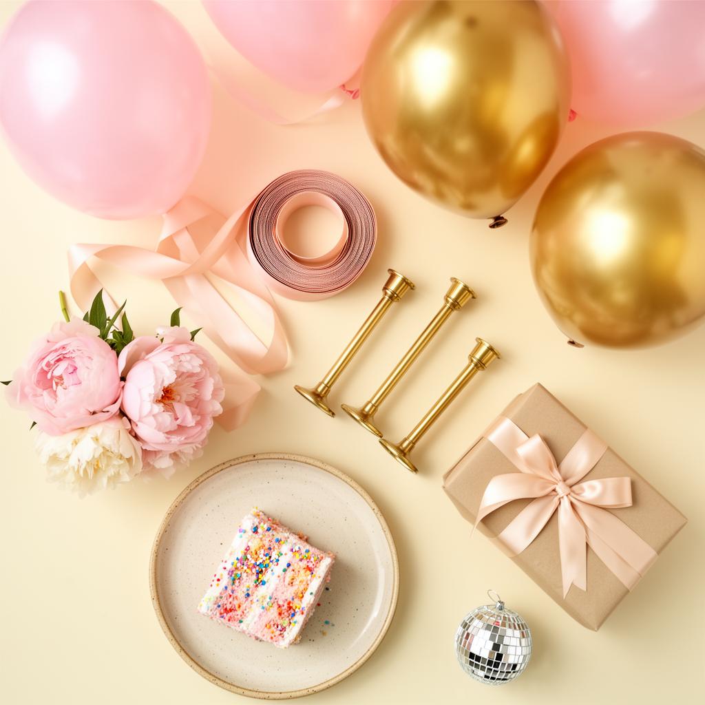 Flat-lay of party planning supplies — pink balloons, gold candlesticks, peonies, ribbon and confetti cake