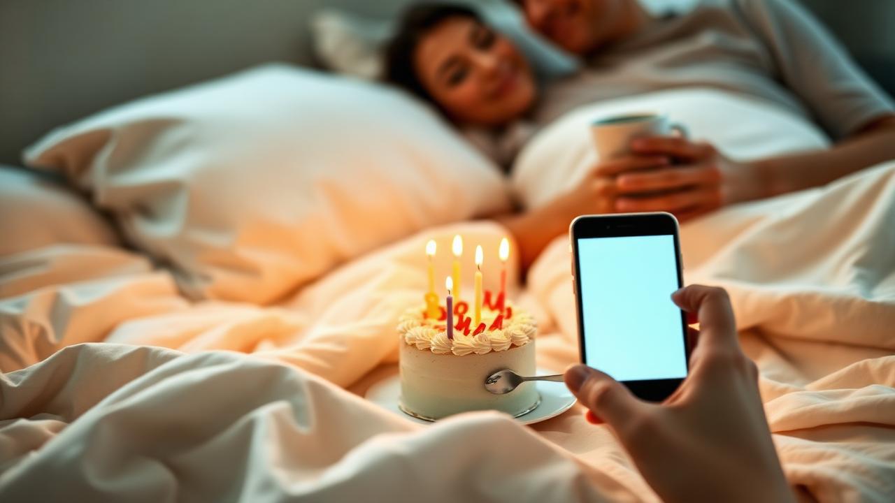 Wife surprising husband with a small birthday cake and a card in bed