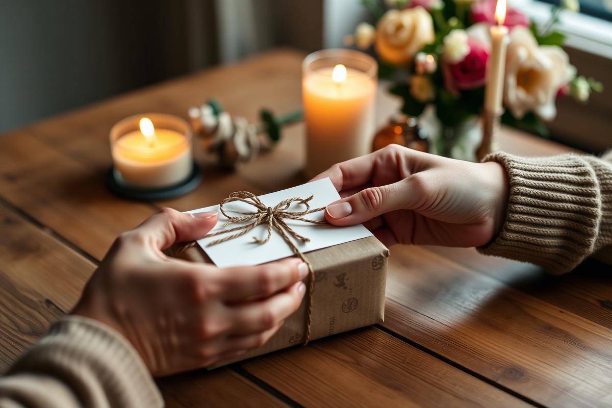 Hands exchanging a personalised wrapped gift with a handwritten card by candlelight