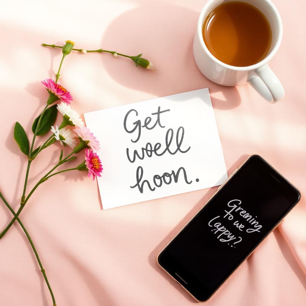 Handwritten get well soon card with flowers and tea