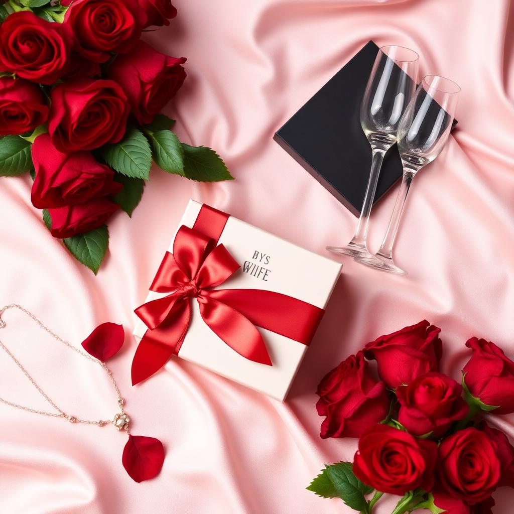 Red roses, gift box with red ribbon, gold necklace and champagne flutes on pink silk — gifts for wife