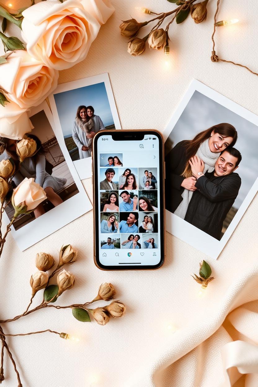Smartphone displaying a personalised photo montage gift surrounded by polaroid family photos and fairy lights