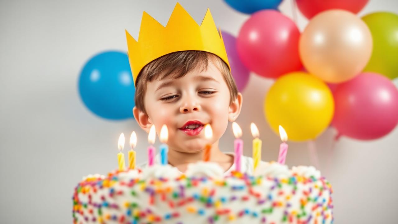 Happy child in a paper crown blowing out birthday candles