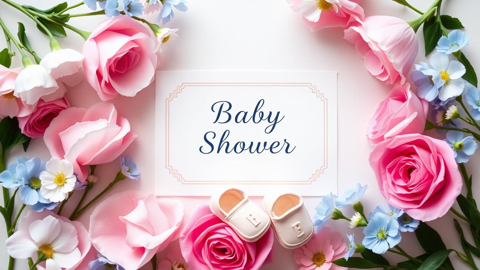Baby shower card surrounded by pastel pink and blue flowers and tiny booties