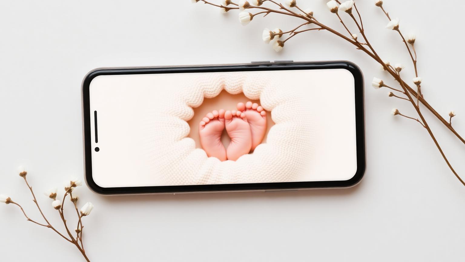 Smartphone baby arrival announcement with newborn footprints and baby's breath flowers