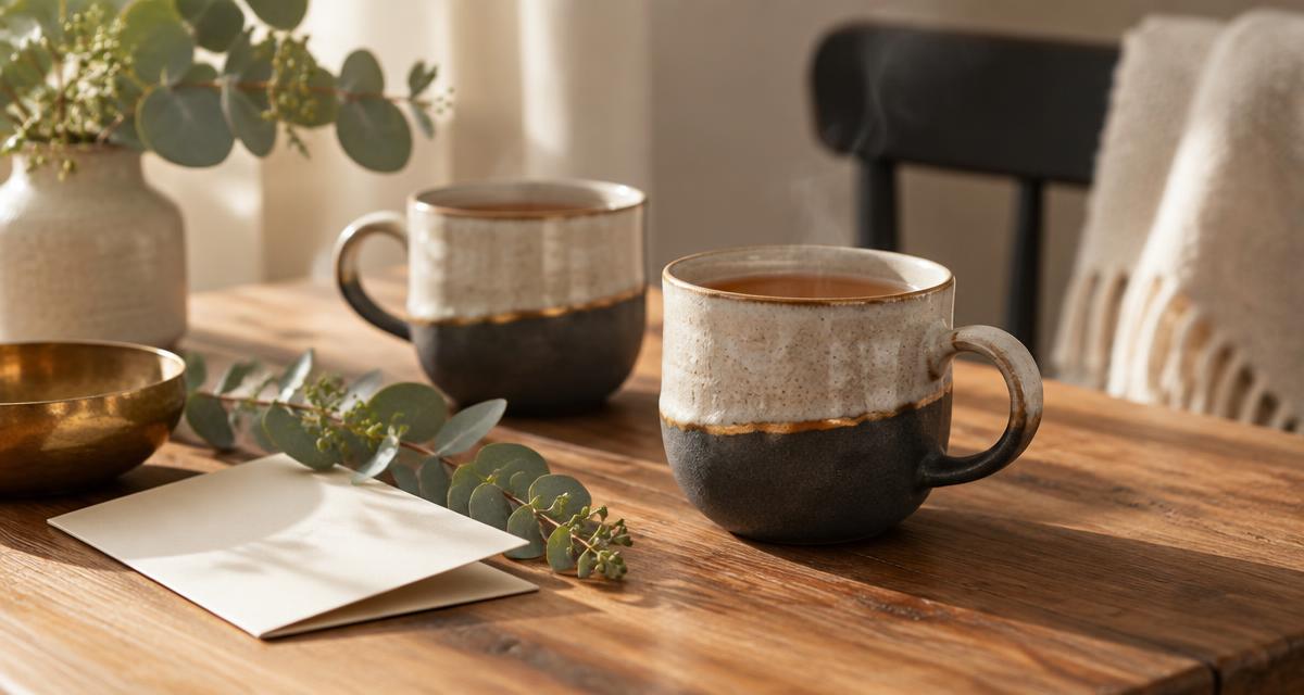 Two mugs of tea on a warm timber table with a folded cream notecard and eucalyptus sprig