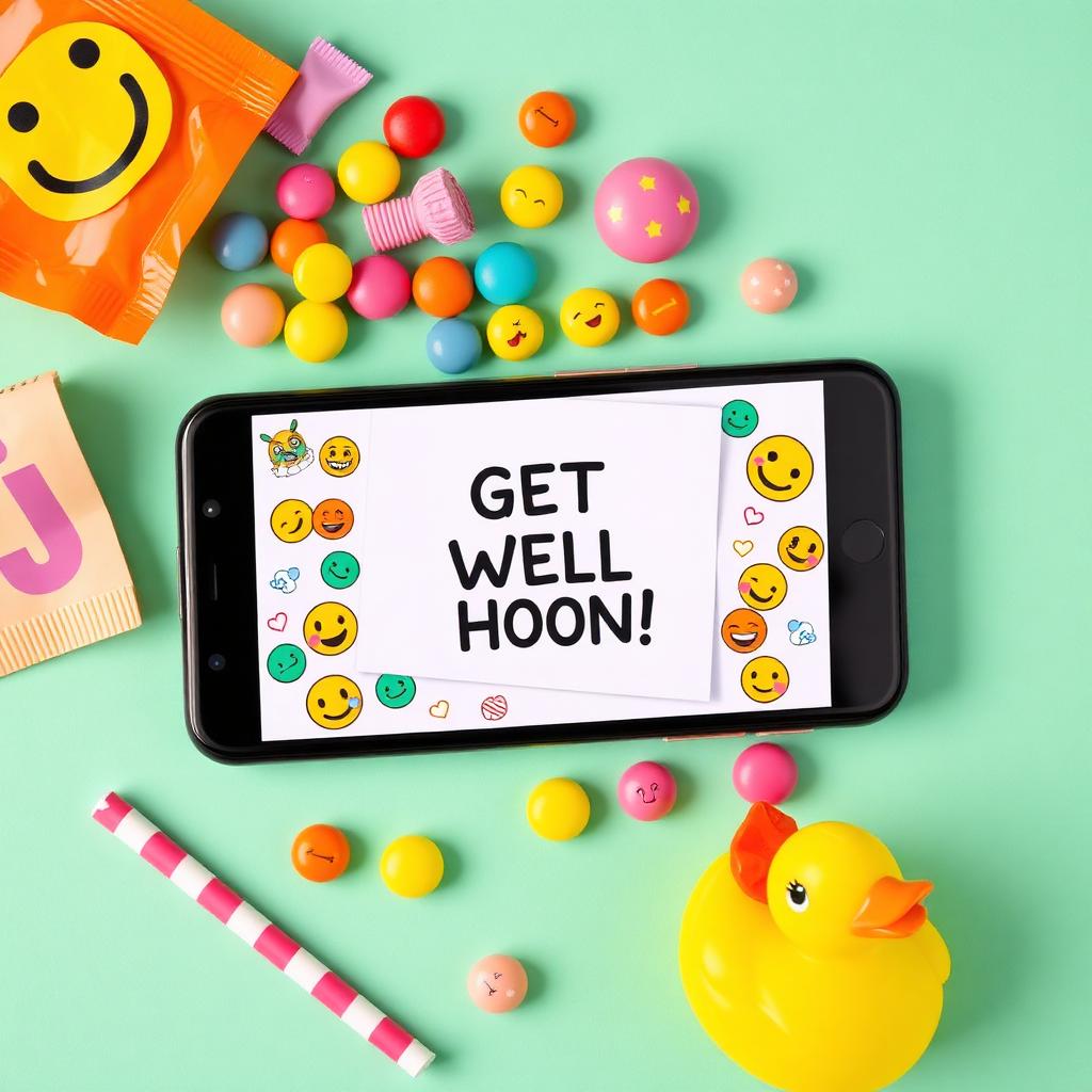 Playful smartphone get well card with emojis and rubber duck