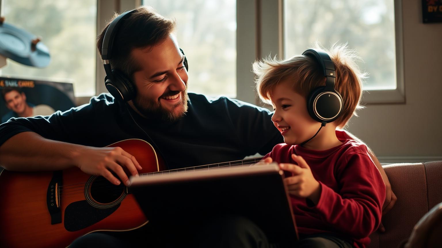 Father and child listening to music together with headphones in warm sunlight