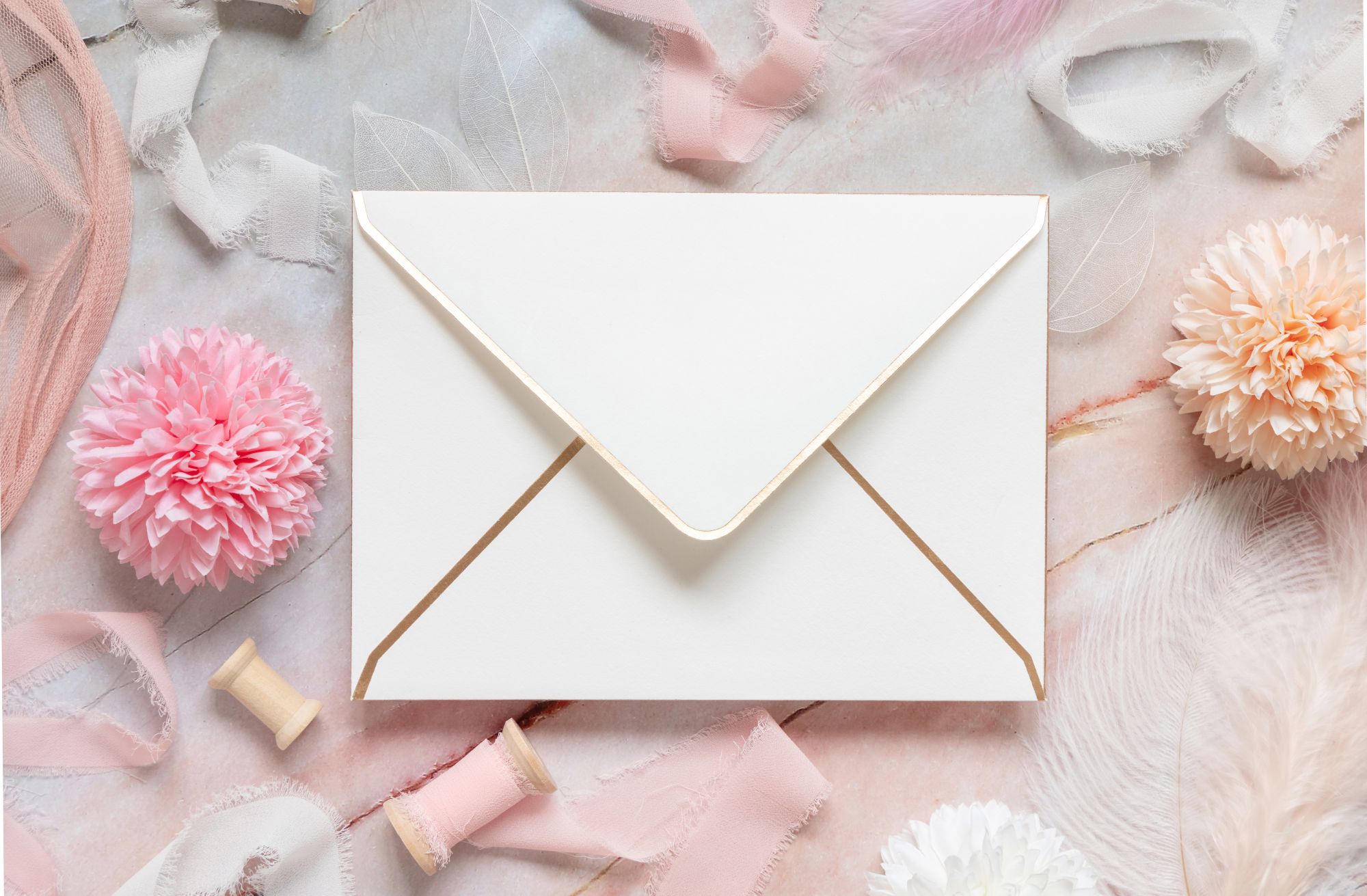 Elegant white envelope on pastel floral background