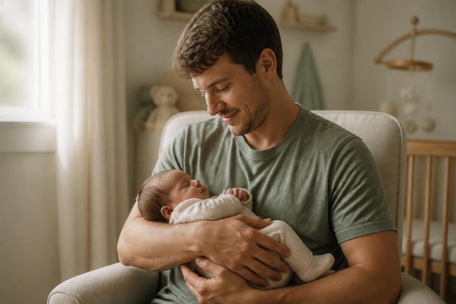 Smiling new dad holding a newborn baby in a sunlit nursery