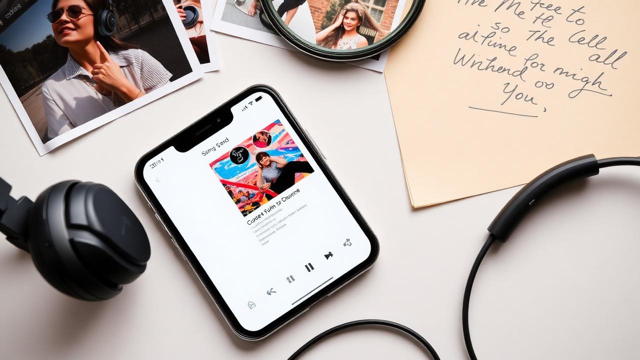 Smartphone displaying a personalised song card with album cover, photos and headphones nearby