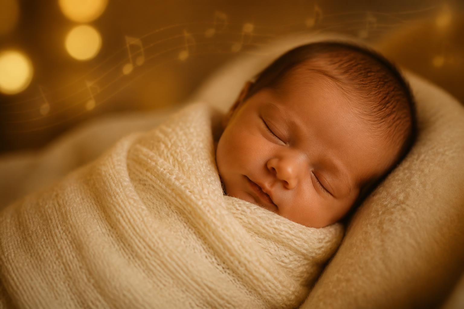 Newborn baby sleeping in soft white blanket with floating musical notes