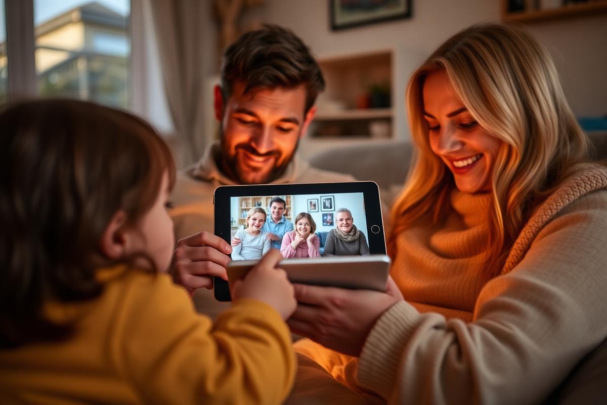 Family watching a personalised photo video on a tablet together at home