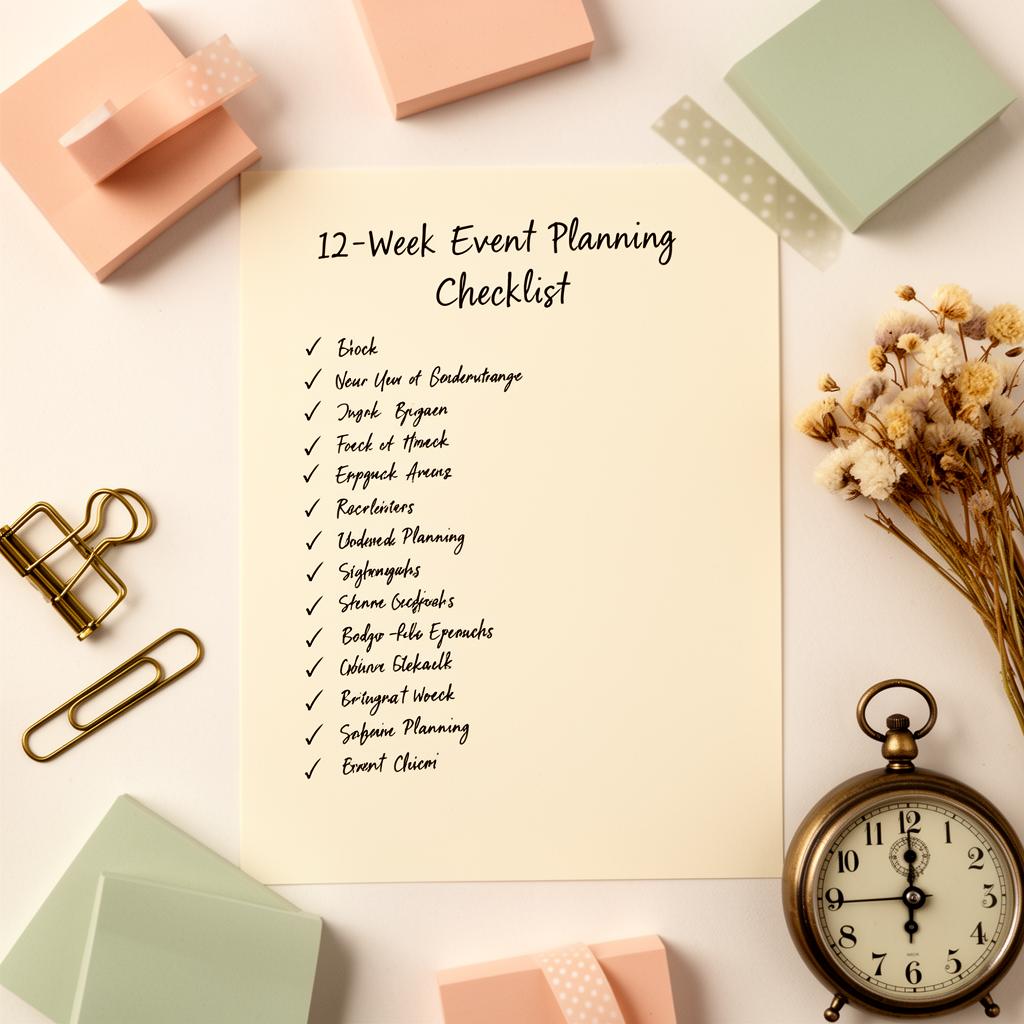 Handwritten 12-week event planning checklist on cream paper with vintage clock and dried flowers