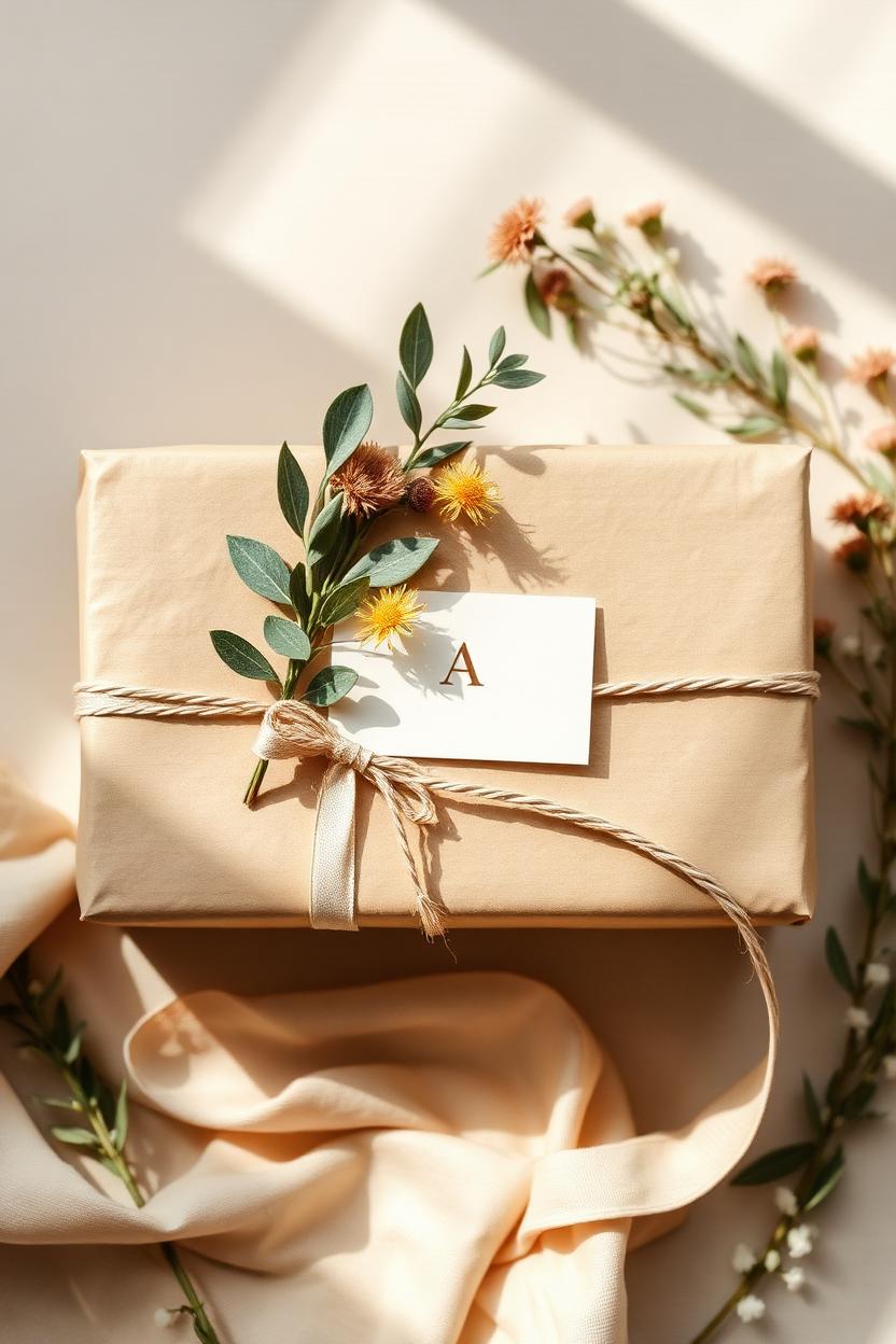 Personalised gift wrapped in kraft paper with eucalyptus and Australian wildflowers