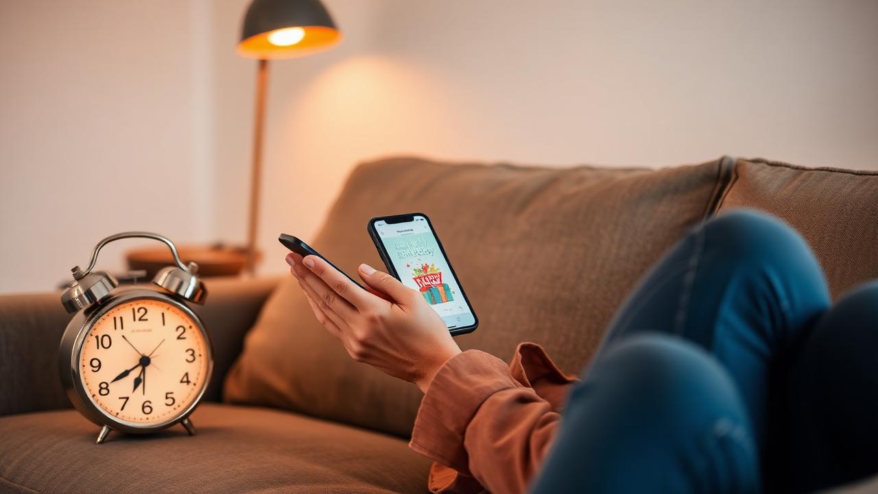Person on a couch sending a birthday gift from a phone with a clock nearby