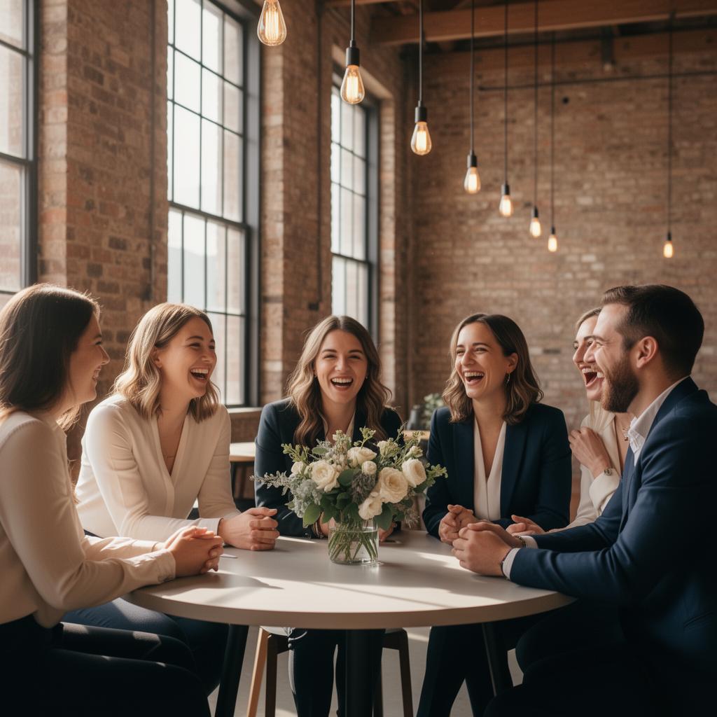 Smart-casual team laughing around a round table at a sunlit warehouse off-site venue