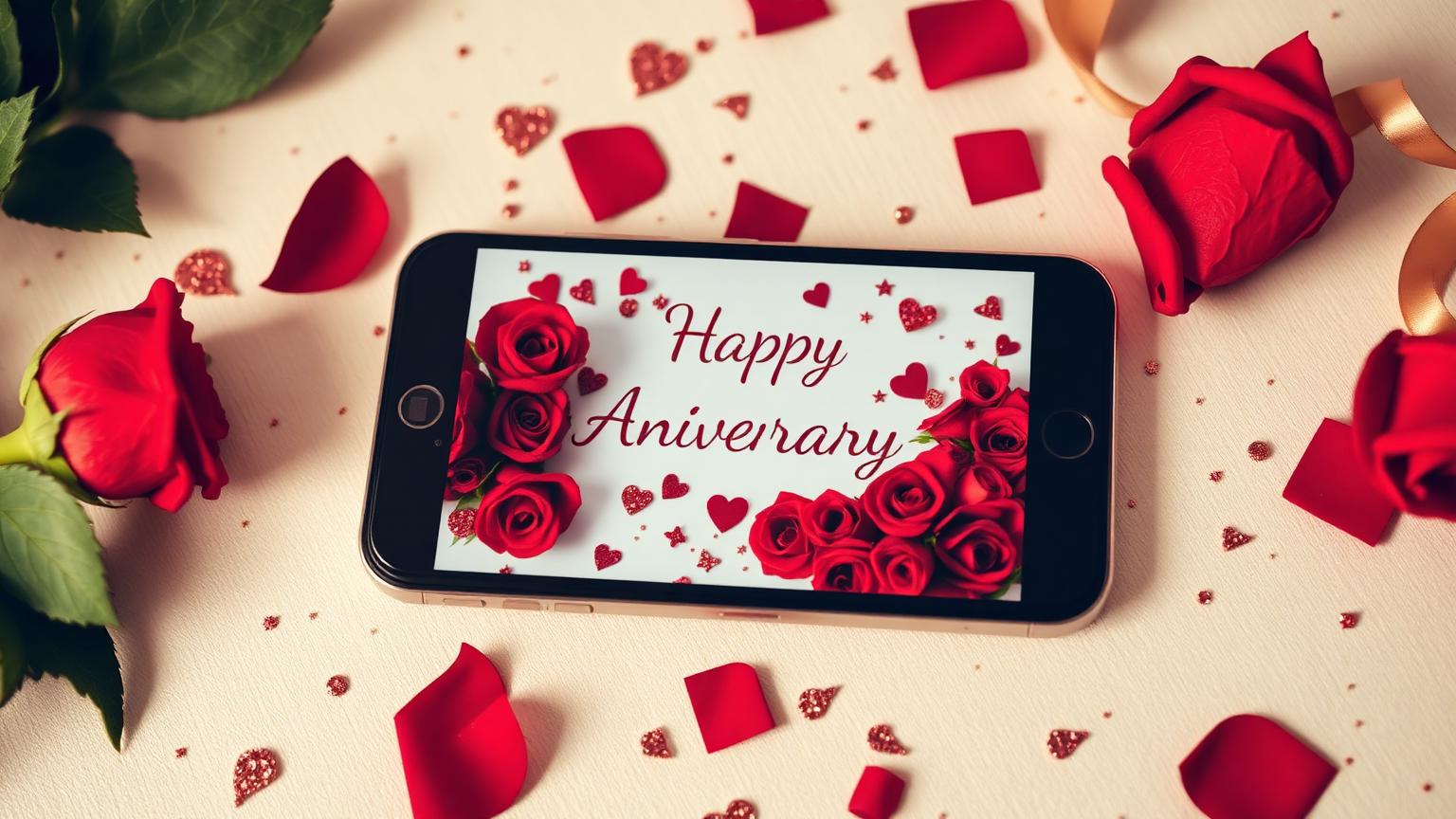 Digital anniversary card on a smartphone surrounded by red roses