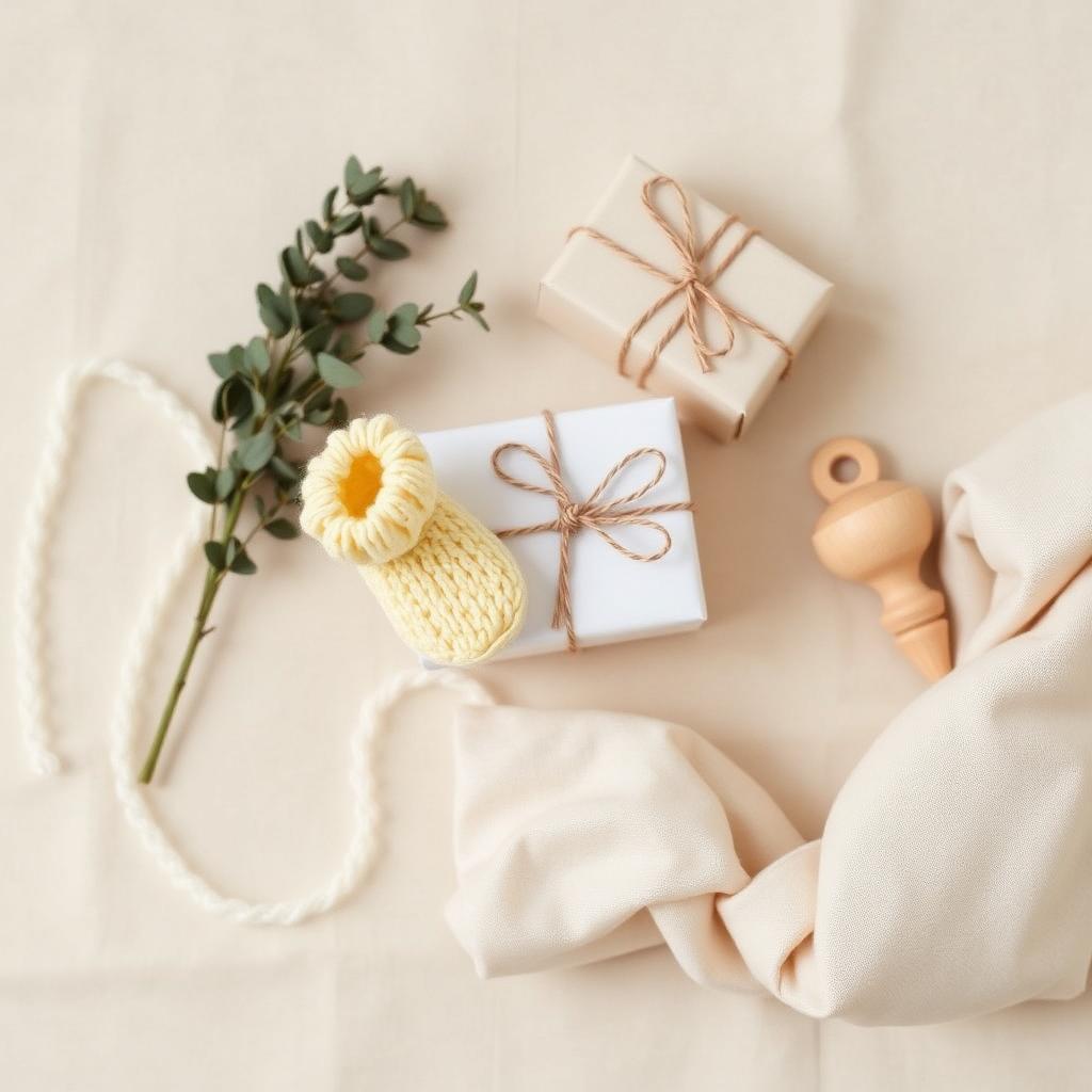 Knitted baby booties, eucalyptus and wrapped gifts on cream linen — best baby shower gifts cover