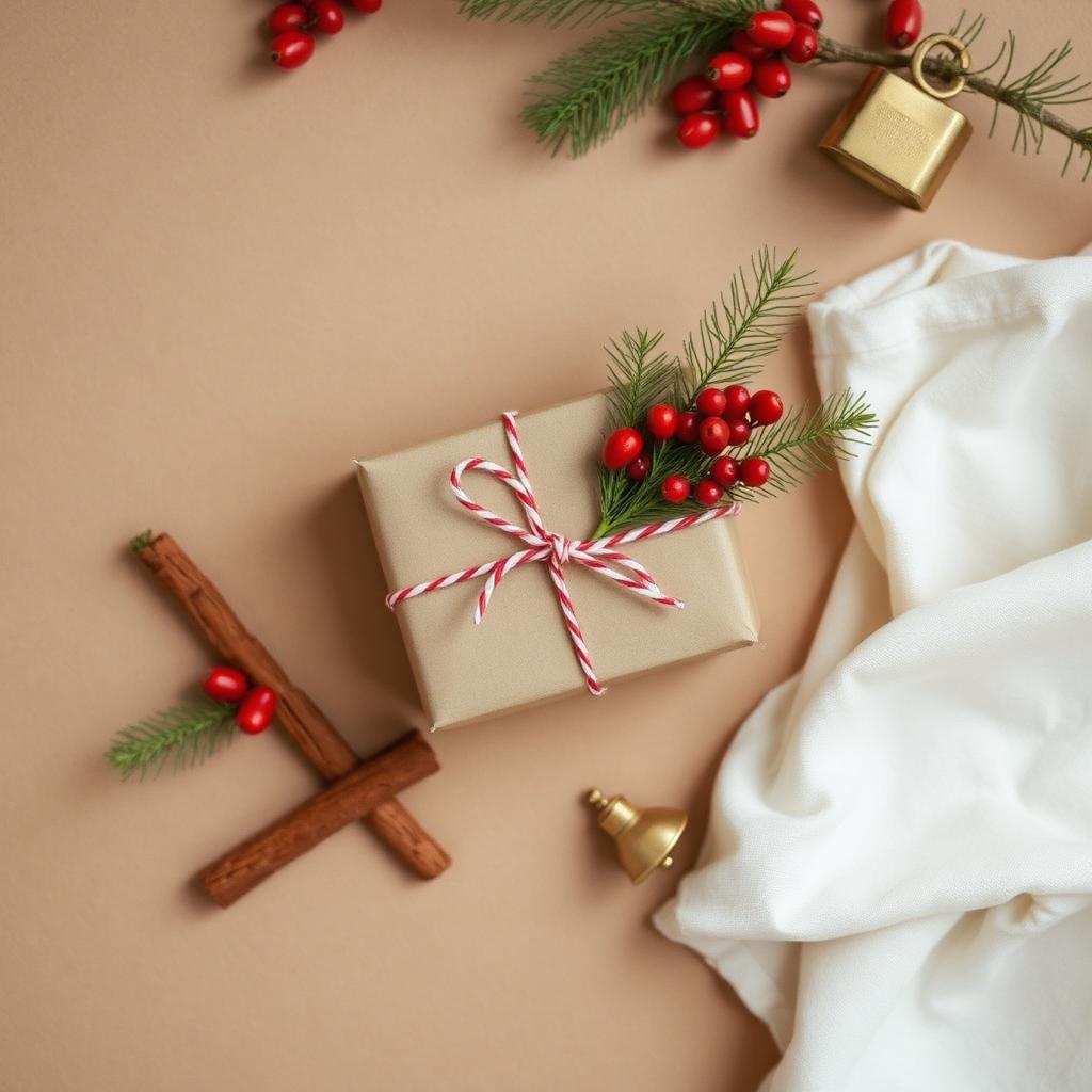 Kraft-wrapped gift with red-and-white twine, pine sprig, red berries and cinnamon stick — Christmas gift ideas cover