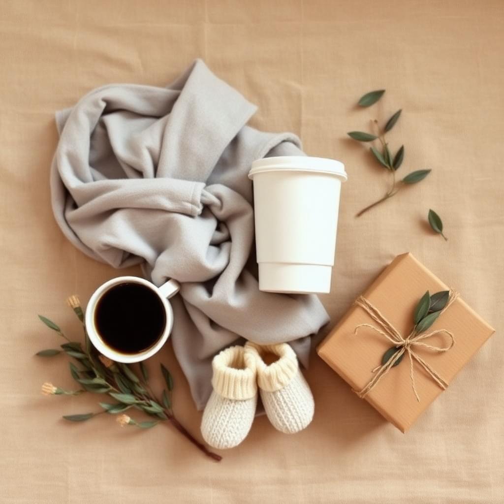 Grey swaddle, takeaway coffee, knitted booties and a wrapped gift — gifts for new parents cover