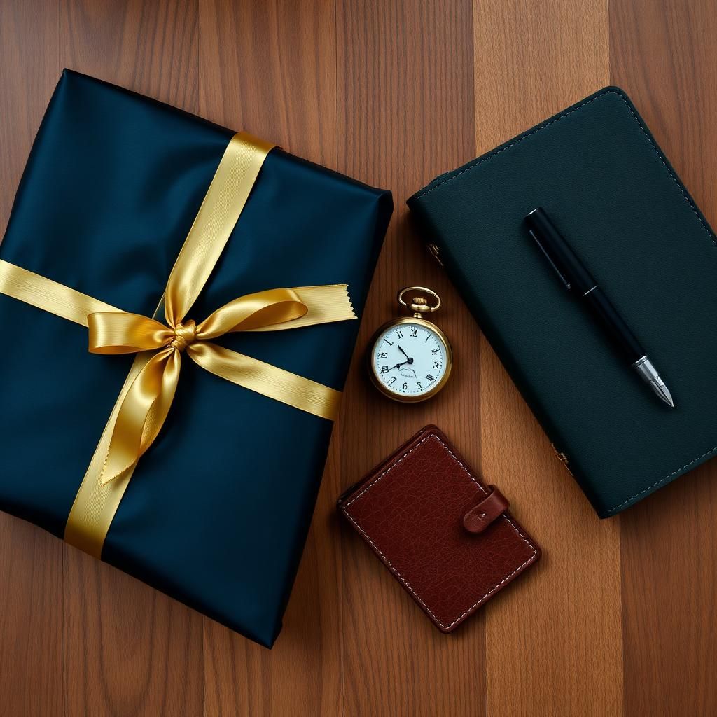 Navy gift box with gold ribbon, pocket watch, leather notebook and fountain pen — retirement gift ideas cover