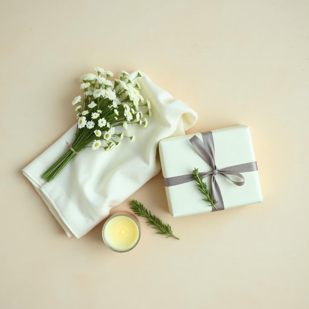 White wildflowers, ivory linen, cream wrapped gift and unlit candle on warm stone — sympathy gift ideas cover