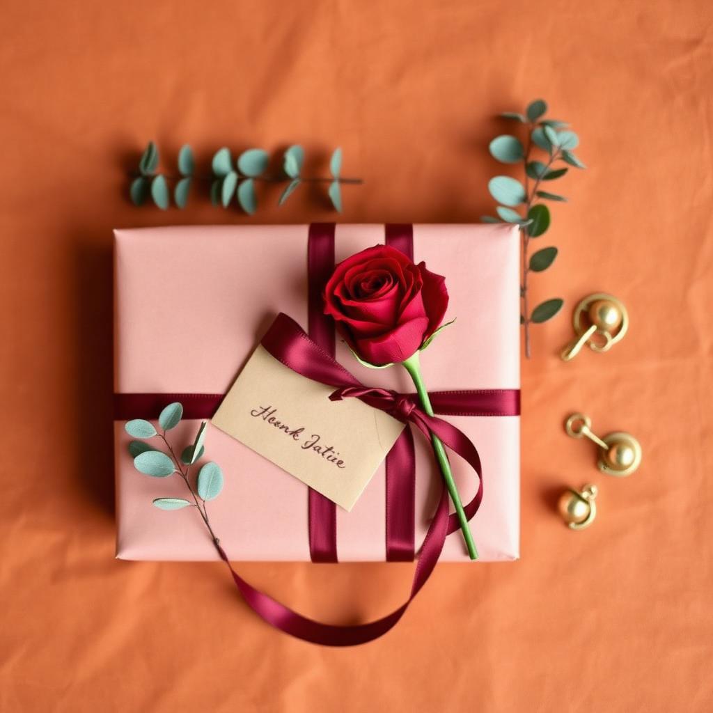 Wrapped gift with burgundy ribbon, single red rose and handwritten tag on terracotta — Valentine's gift ideas cover