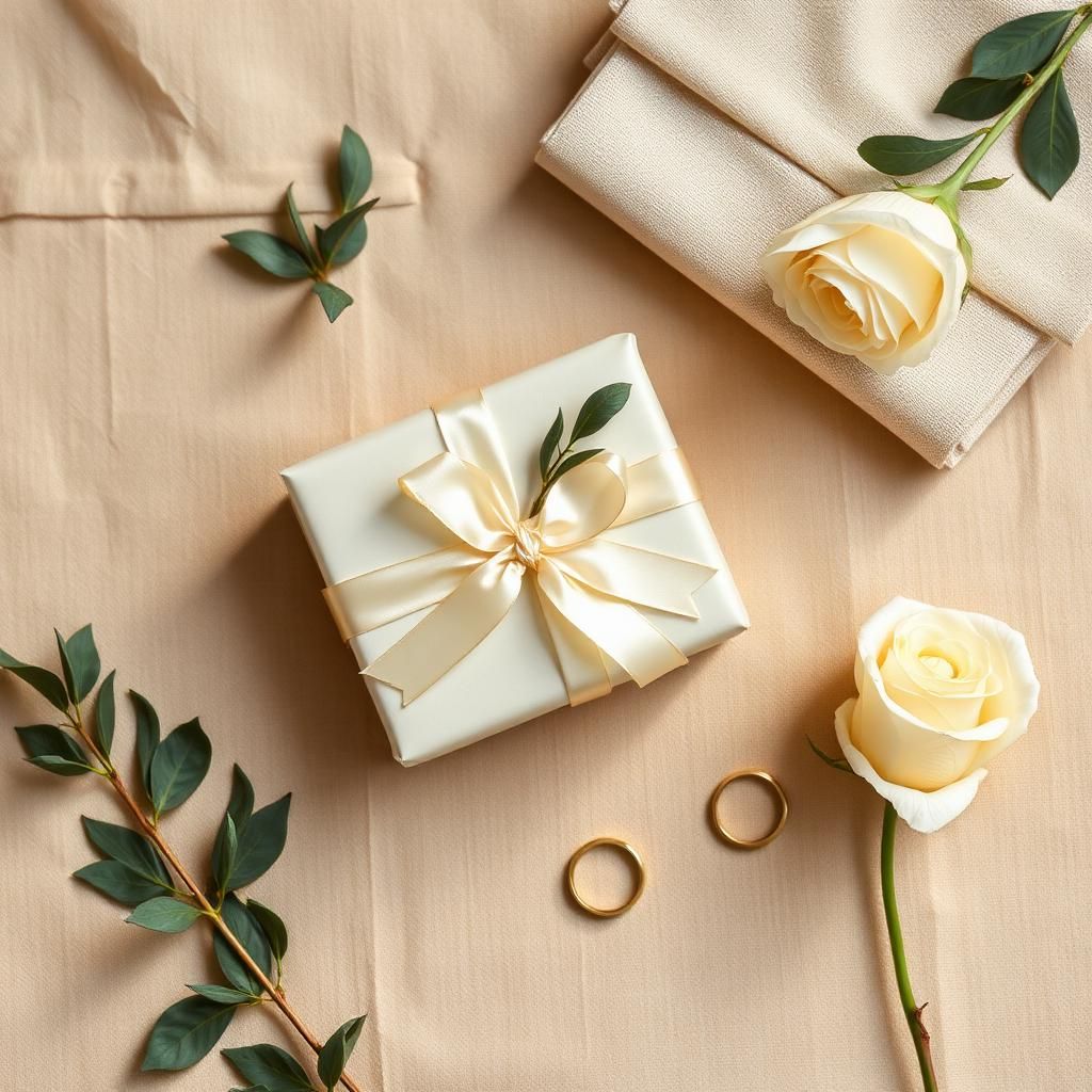 Ivory gift box with silk ribbon, gold rings and cream rose on linen — wedding gift ideas cover